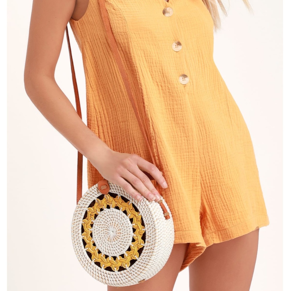 White and Yellow Woven Round Rattan Purse